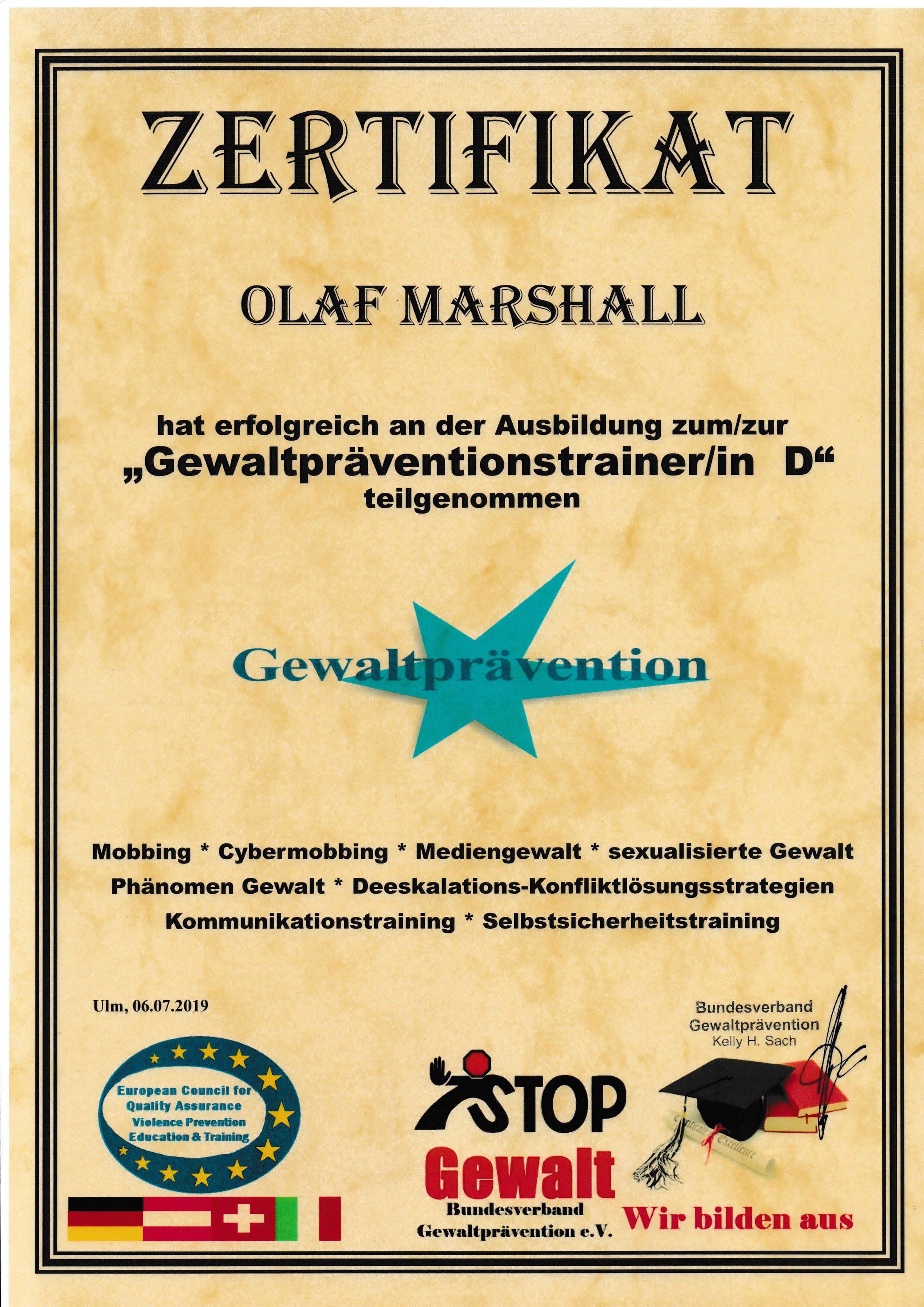 Zertifikat Gewaltpräventionstrainer Olaf Marshall